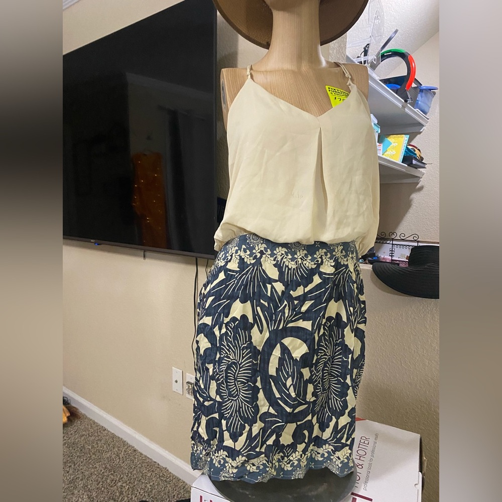 Cream and Navy Floral Cotton Blend Skirt